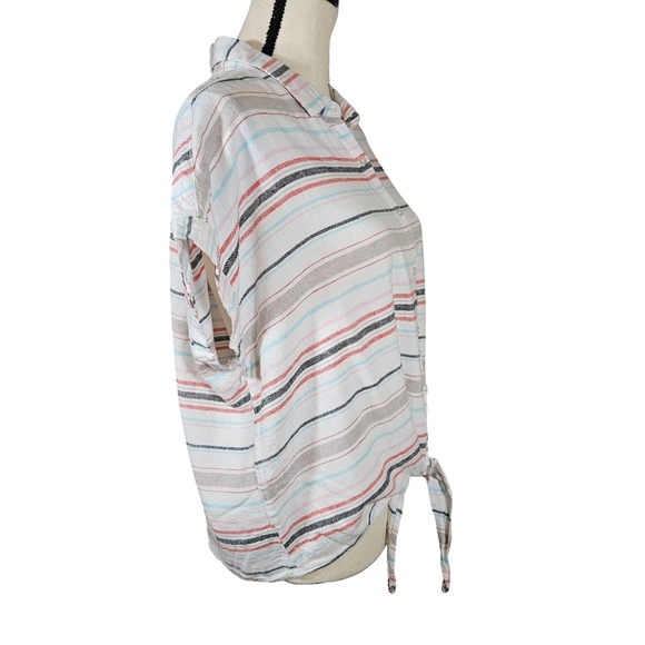 Weatherproof Vintage Washable Linen Blend Striped Button Up Shirt, Multi, Large - Picture 3 of 11